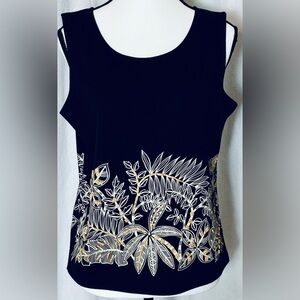 Josephine Chaus Black & Ivory Tank Medium Embroidered Tropical with Bamboo Beads